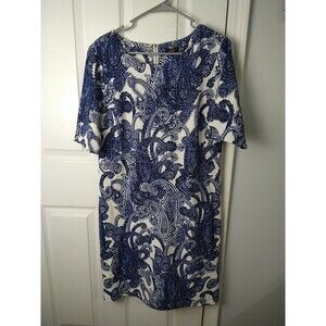 LLE New York Woman 12 Paisley Blue White Sheath Back Zip Dress SS Workwear Midi